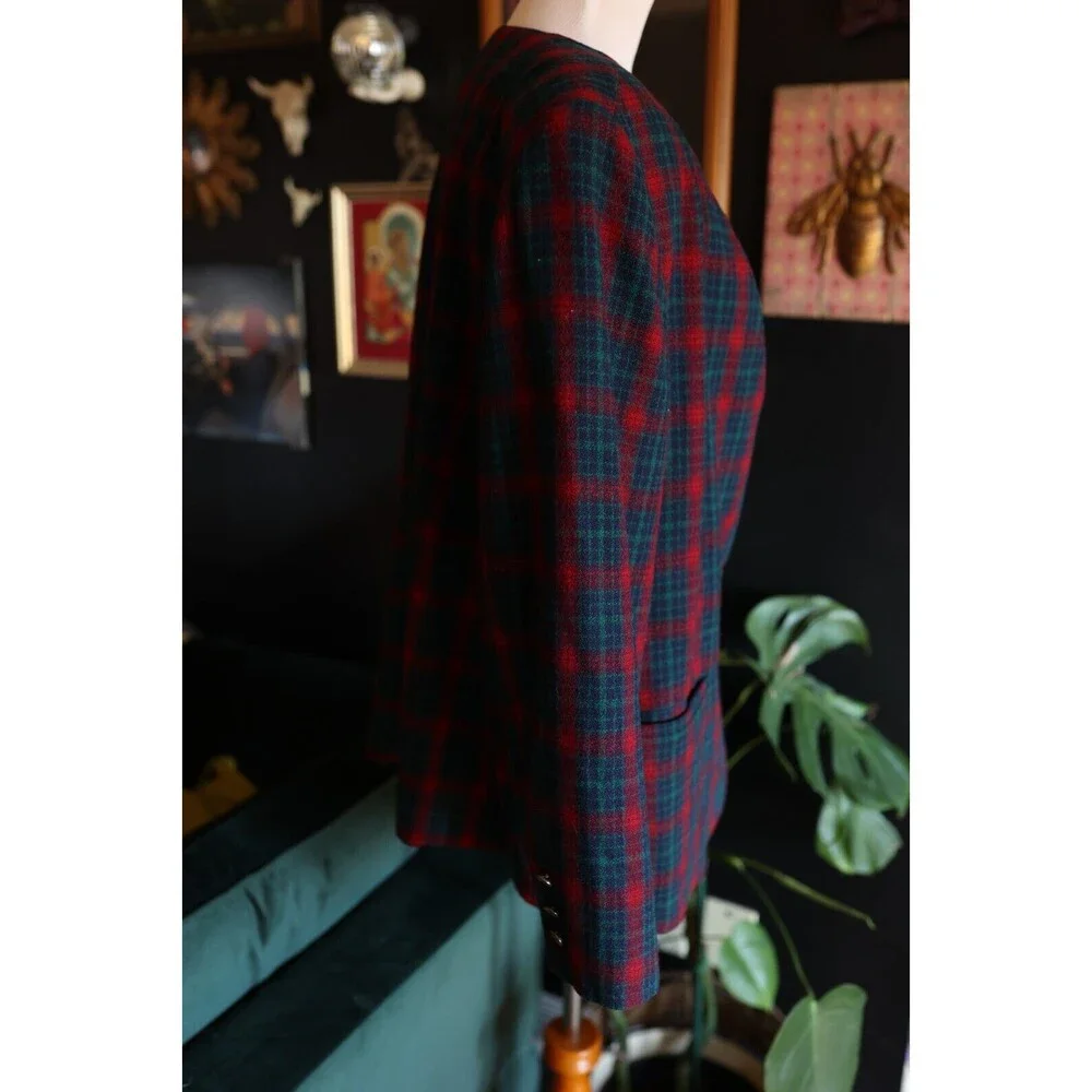 Vintage Leslie Fay Blazer Jacket Womens 18W Christmas Green Red Plaid Wool